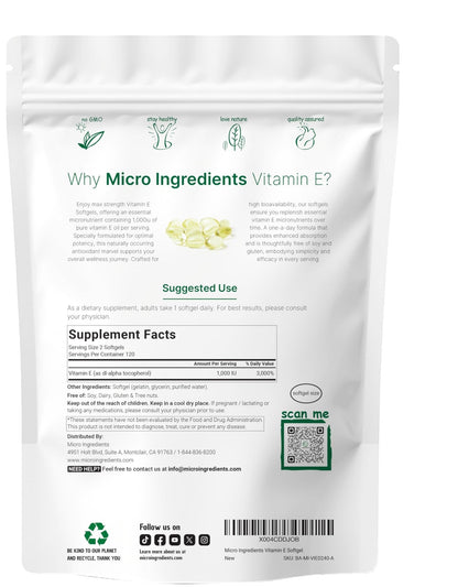 Micro Ingredients Vitamin E 1000 IU, 240 Softgels | Pure Vitamin E Oil Pills | Antioxidant Supplements for Skin and Face | Non-GMO, Gluten Free - Maple Wellness Supplements