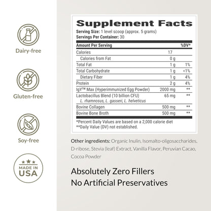 Microbiome Breakthrough Gut Support Powder Chocolate Flavor With Lactobacillus Strains, Bone Broth & Collagen Source of L-Glutamine Supports Digestive Comfort, Gas & Bloating Relief 30 Servings* - Maple Wellness Supplements