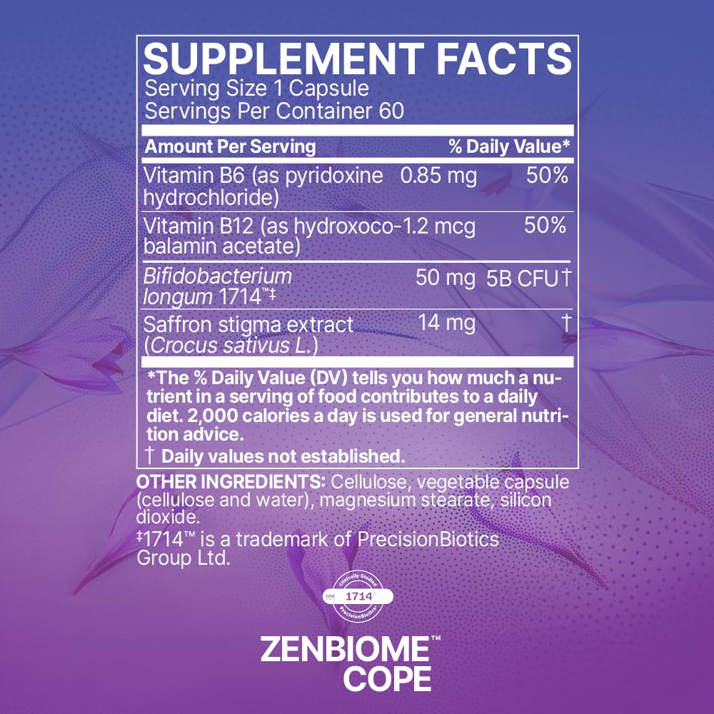 Microbiome Labs Zenbiome COPE - Probiotic Mood Support Supplement with Vitamin B6, B12 & Saffron Extract - Gut Health Probiotics for Women & Men - Maple Wellness Supplements