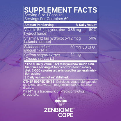 Microbiome Labs Zenbiome COPE - Probiotic Mood Support Supplement with Vitamin B6, B12 & Saffron Extract - Gut Health Probiotics for Women & Men - Maple Wellness Supplements