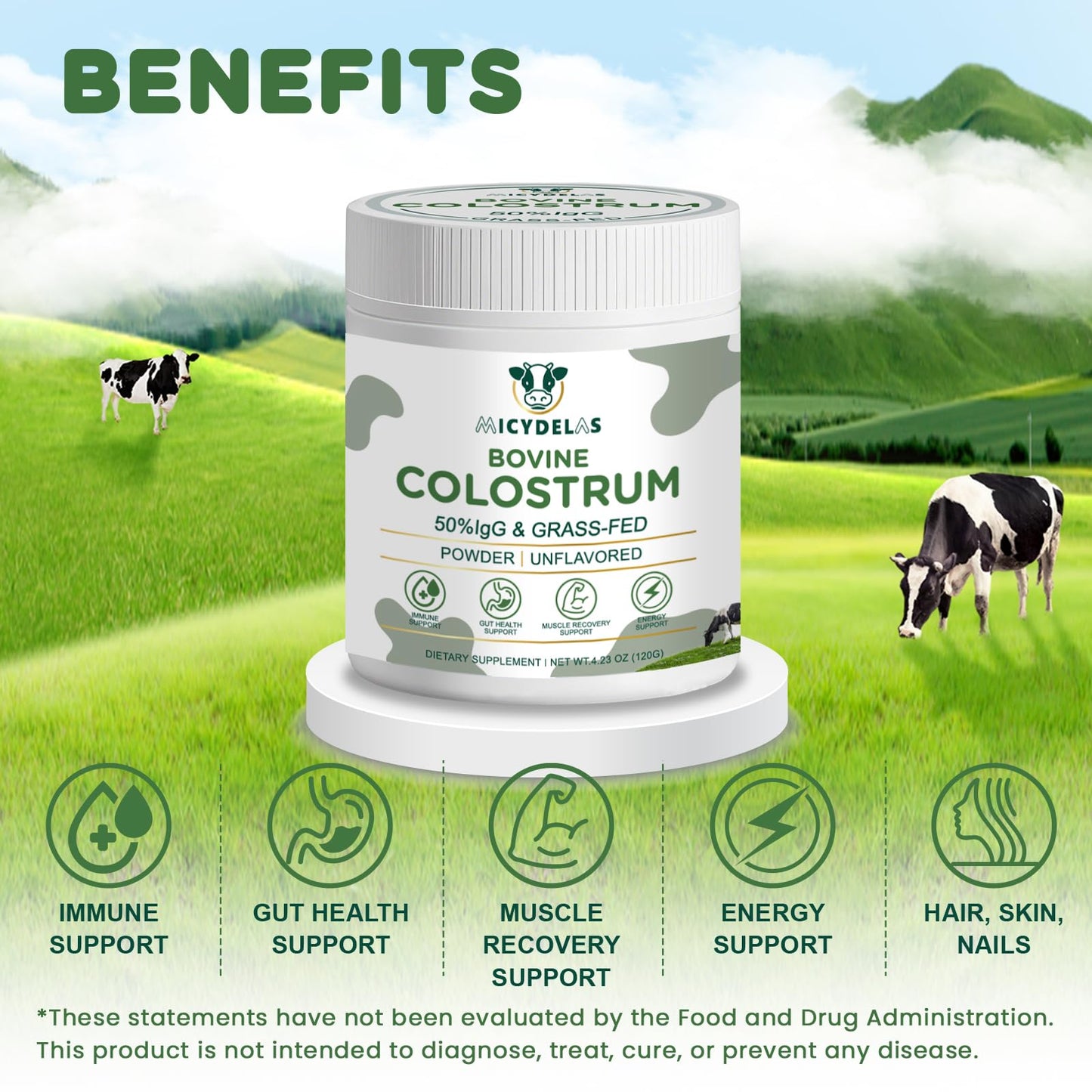 MICYDELAS Bovine Colostrum Supplement Powder 50% IgG Premium Bovine Colostrum for Gut Health Support, Immune Support, Muscle Recovery & Overall Wellness, Grass Fed, Non-GMO, Unflavored, 60 Servings - Maple Wellness Supplements