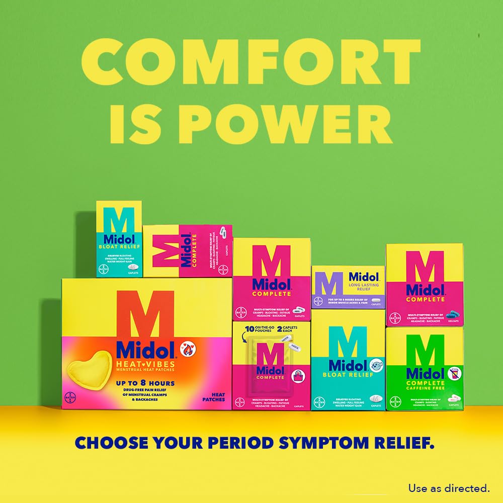 Midol Complete Caffeine Free Caplets 24ct: Midol Complete Caffeine Free Menstrual Pain Relief Caplets with Acetaminophen, Provides Headache Relief and Period Cramps Relief, 24 Count - Maple Wellness Supplements