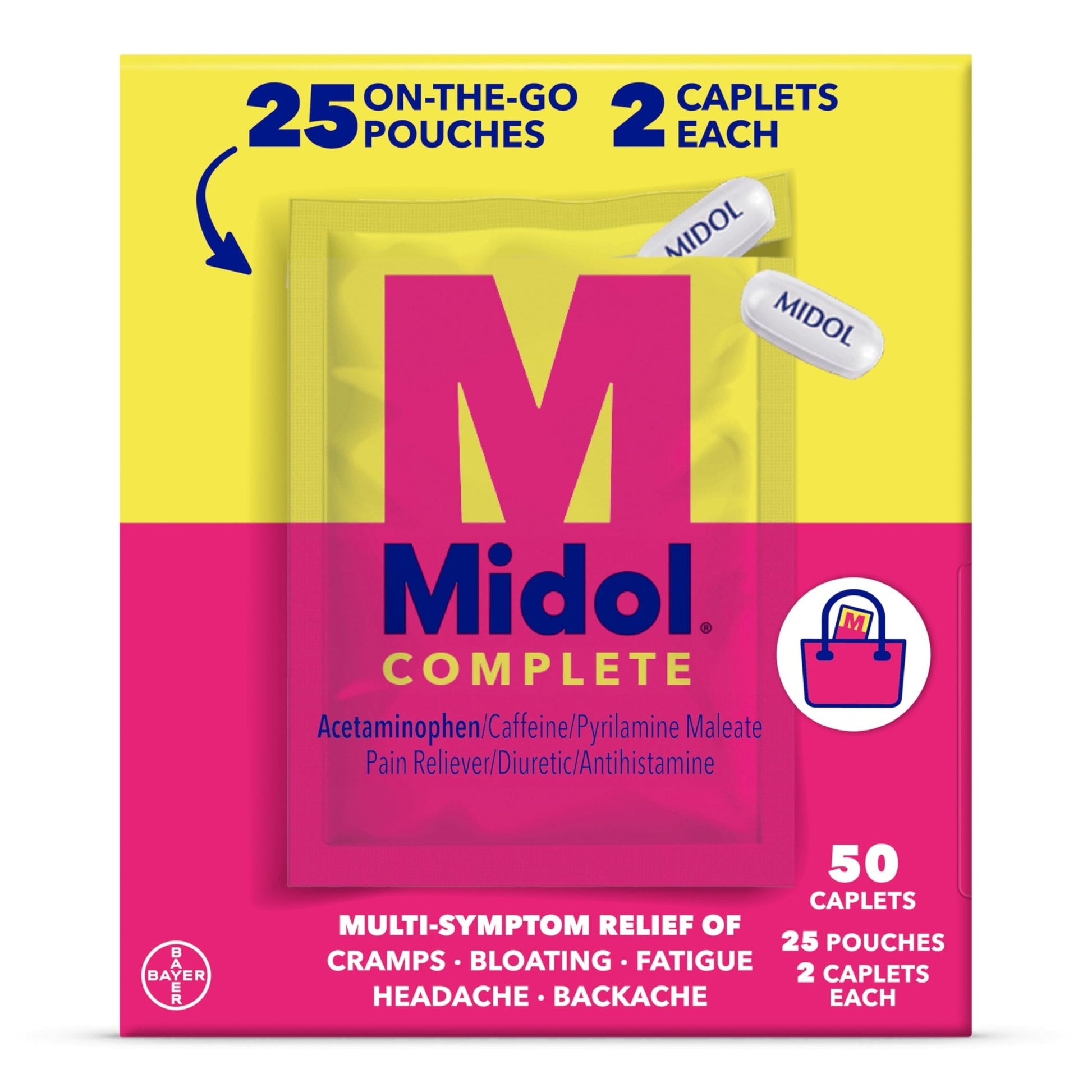 Midol Complete On The Go Caplets with Acetaminophen for Menstrual Symptom Relief, Period Cramp and Menstrual Pain Relief, 50 Count (25 Pouches of 2) - Maple Wellness Supplements
