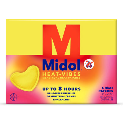 Midol Heat Vibes Menstrual Pain Relief Heat Patches - 6 Count Pack for Period Cramps and Backache - Maple Wellness Supplements
