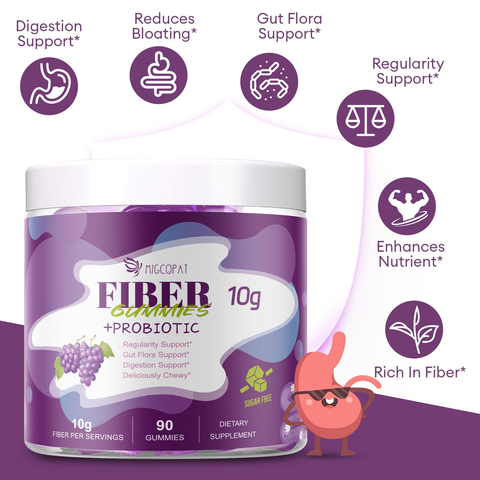 Migcopat 10G Fiber Gummies for Adults, No Sugar Added Grape Flavor, Fiber Supplement with 30 Billion CFU Probiotics Blend, ACV, Vitamin C, - Maple Wellness Supplements