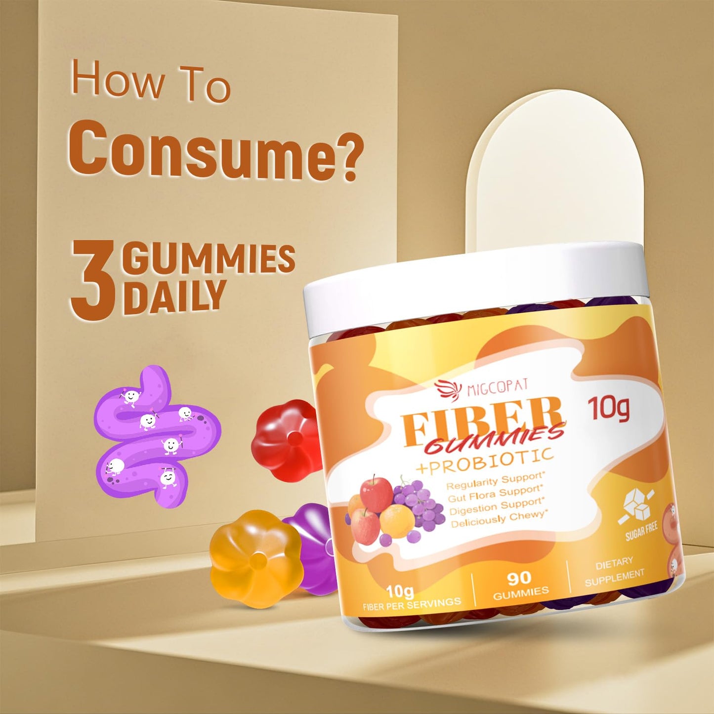 Migcopat 10G Fiber Gummies for Adults - Support Digestive Health - Fiber Supplement with 30 Billion CFU Probiotics Blend, ACV, Vitamin C, Inulin - No Sugar Added - Fruit Flavored - 180 Count - Maple Wellness Supplements