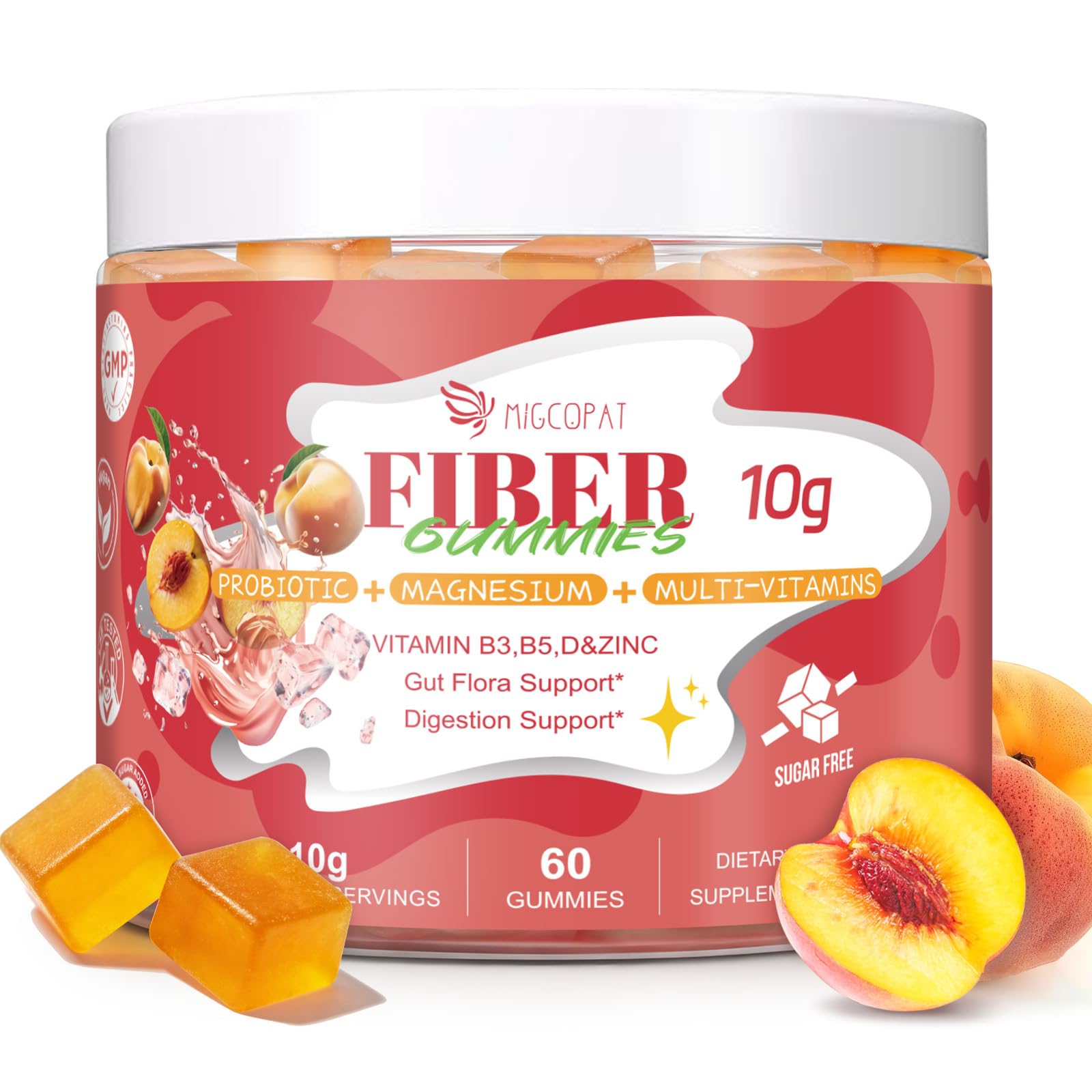 Migcopat 10G Fiber Gummies for Adults with Vitamins C, D, B3, B5 - Digestive & Gut Health Gummies with 30 Billion CFU Probiotics Blend, Inulin, ACV, Magnesium, Zinc - Maple Wellness Supplements