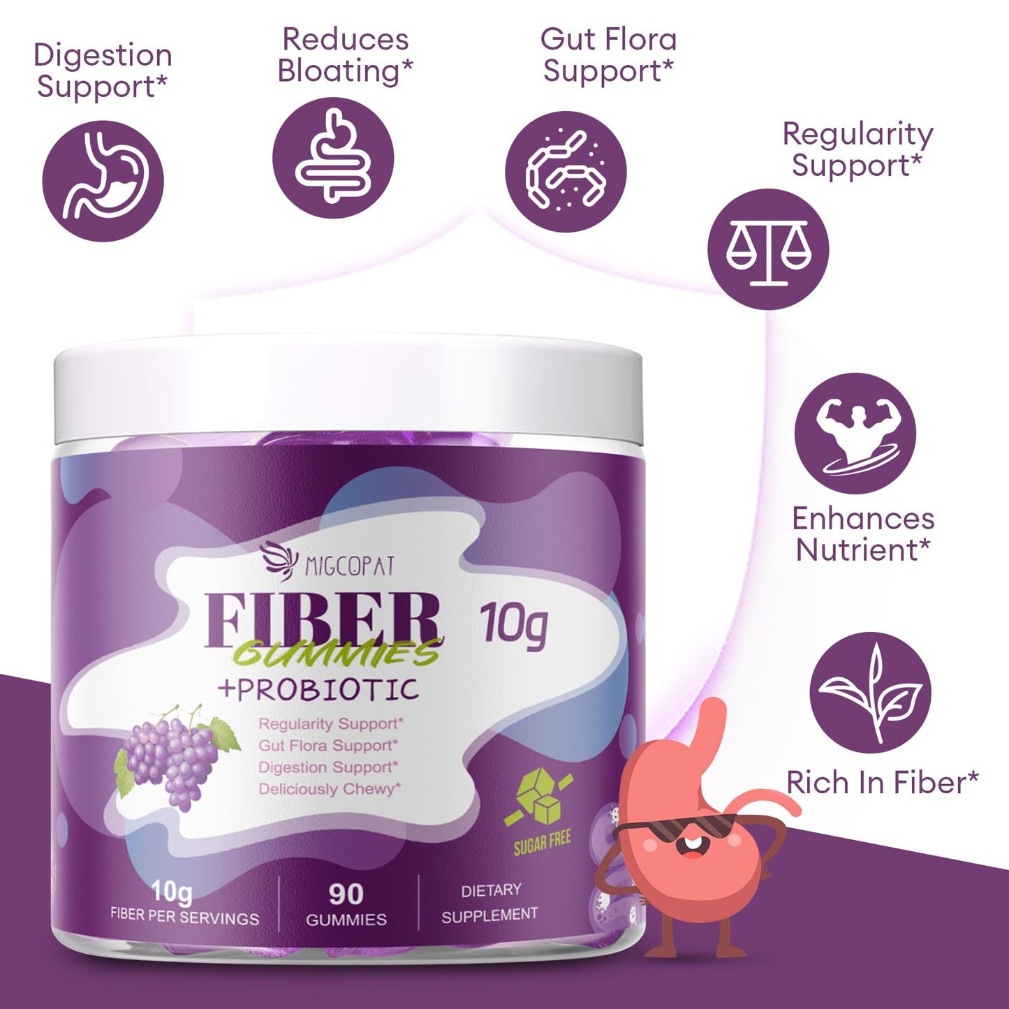 Migcopat 10G Fiber Gummies with 30 Billion CFU Probiotics, Grape Flavor, Bloating Support, Fiber Supplement with Vitamin C, - Maple Wellness Supplements