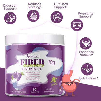 Migcopat 10G Fiber Gummies with 30 Billion CFU Probiotics, Grape Flavor, Bloating Support, Fiber Supplement with Vitamin C, - Maple Wellness Supplements