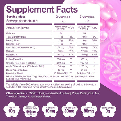 Migcopat 10G Fiber Gummies with 30 Billion CFU Probiotics, Grape Flavor, Bloating Support, Fiber Supplement with Vitamin C, - Maple Wellness Supplements