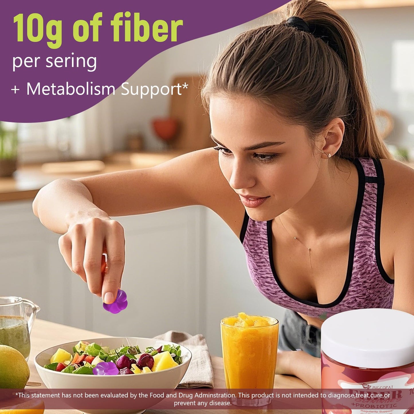 Migcopat 10G Fiber Gummies with 30 Billion CFU Probiotics, Grape Flavor, Bloating Support, Fiber Supplement with Vitamin C, - Maple Wellness Supplements