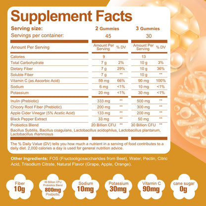 Migcopat 10G Fiber Gummies with Probiotics, Fiber Supplement with 30 Billion CFU Probiotics Blend, ACV, Vitamin C, Inulin - Support Digestive Health - Maple Wellness Supplements