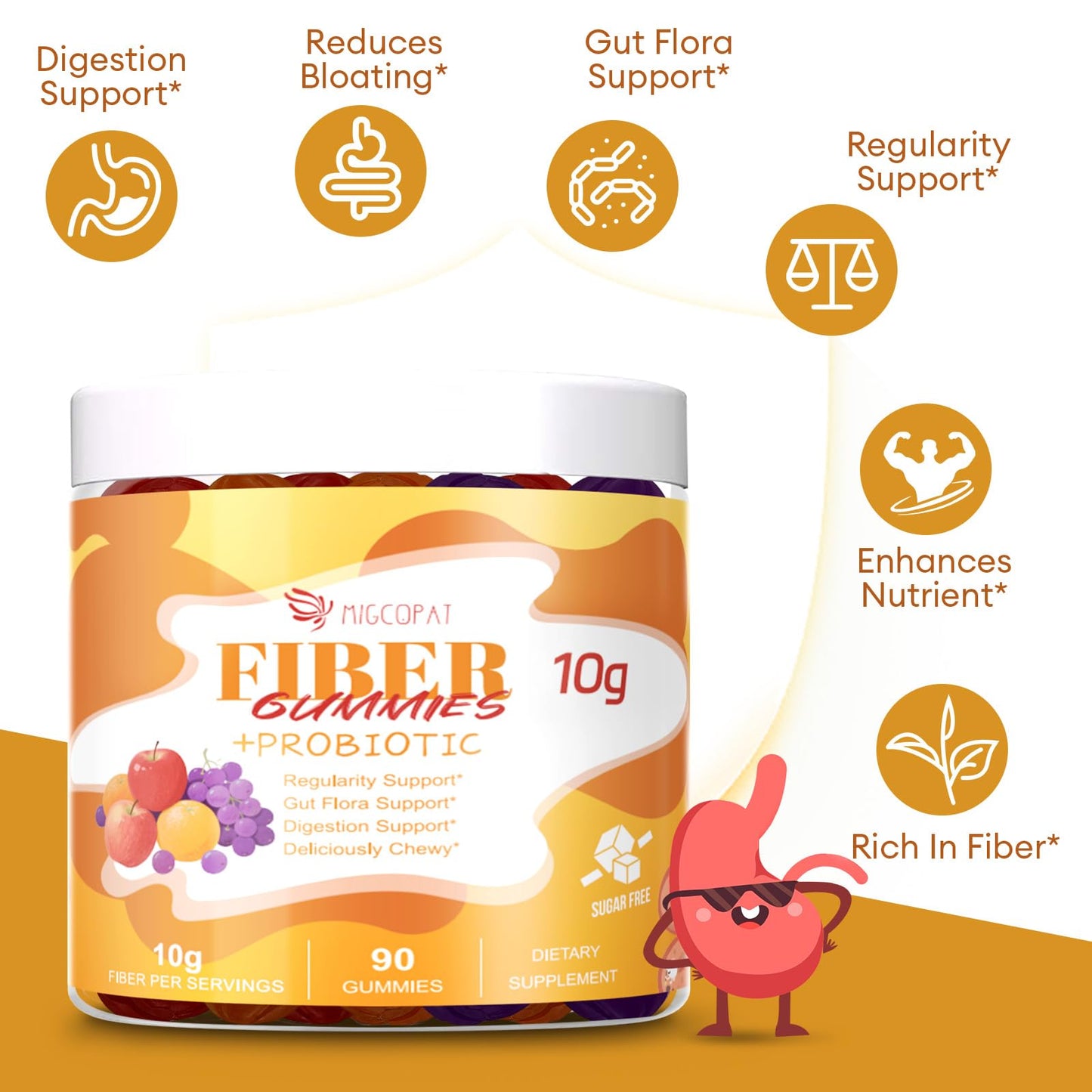 Migcopat 10G Fiber Gummies with Probiotics, Fiber Supplement with 30 Billion CFU Probiotics Blend, ACV, Vitamin C, Inulin - Support Digestive Health - Maple Wellness Supplements