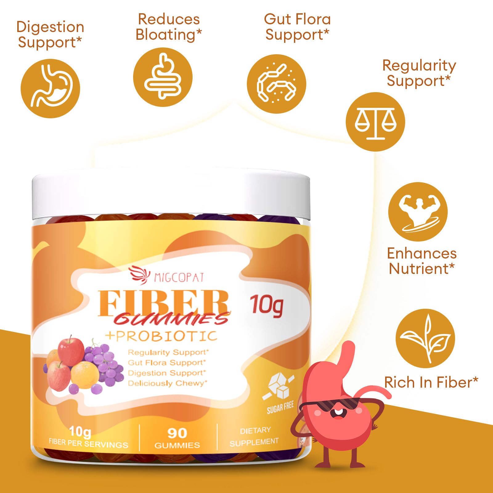 Migcopat 10G Fiber Gummies with Probiotics, Fiber Supplement with 30 Billion CFU Probiotics Blend, ACV, Vitamin C, Inulin - Support Digestive Health - Maple Wellness Supplements
