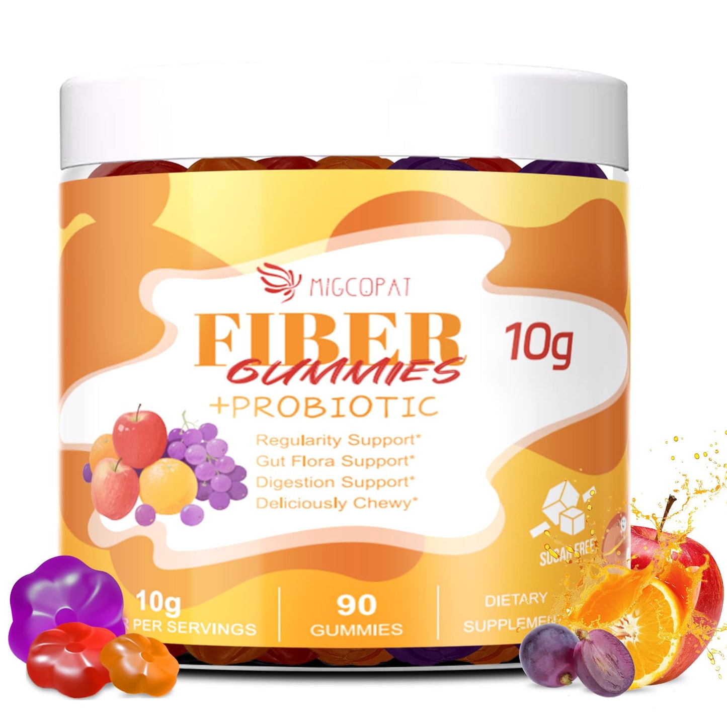 Migcopat 10G Fiber Gummies with Probiotics, Fiber Supplement with 30 Billion CFU Probiotics Blend, ACV, Vitamin C, Inulin - Support Digestive Health - Maple Wellness Supplements