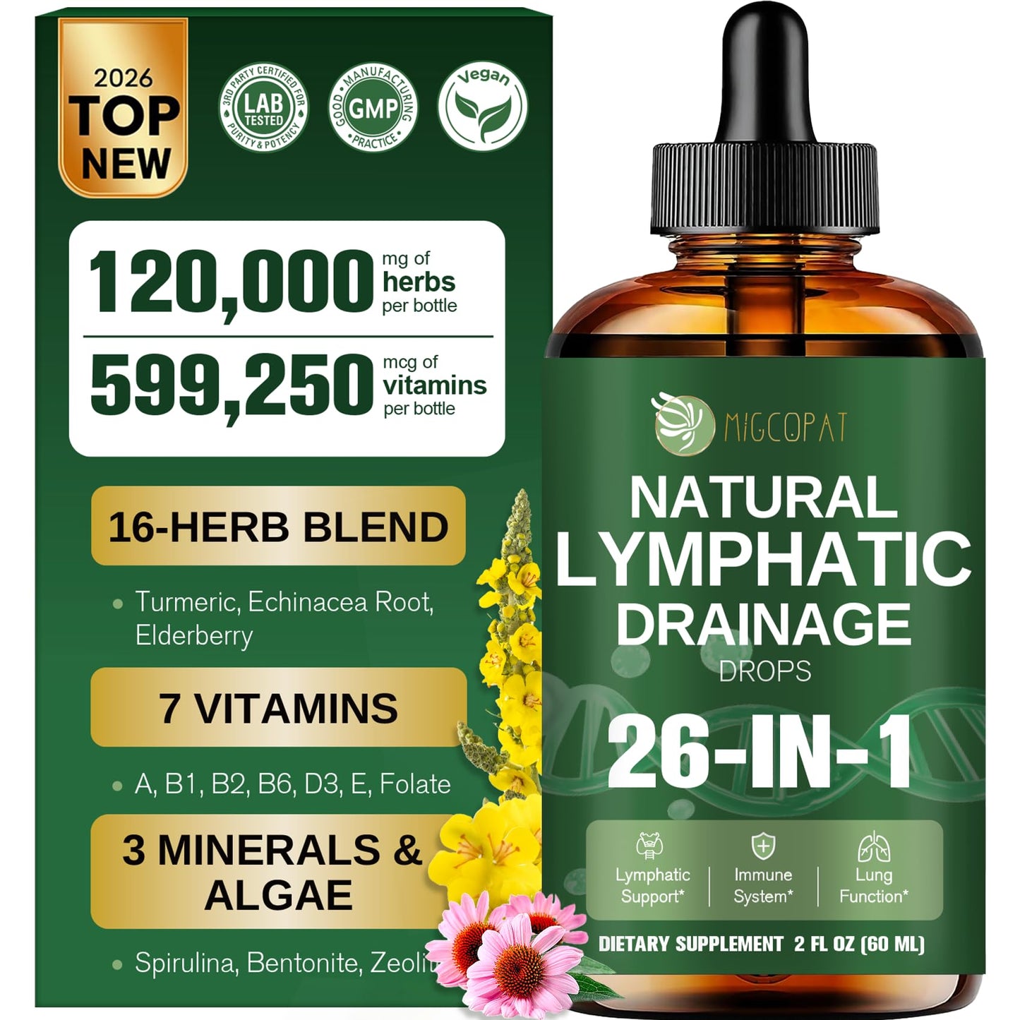 Migcopat 26-in-1 Liposomal Lymphatic Drainage Drops, Echinacea, Turmeric, Elderberry, Dandelion, Vitamins and Mullein Drops for Lungs, Lymphatic - Maple Wellness Supplements