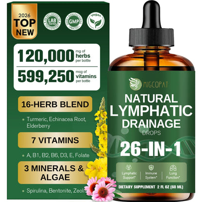 Migcopat 26-in-1 Liposomal Lymphatic Drainage Drops, Echinacea, Turmeric, Elderberry, Dandelion, Vitamins and Mullein Drops for Lungs, Lymphatic - Maple Wellness Supplements