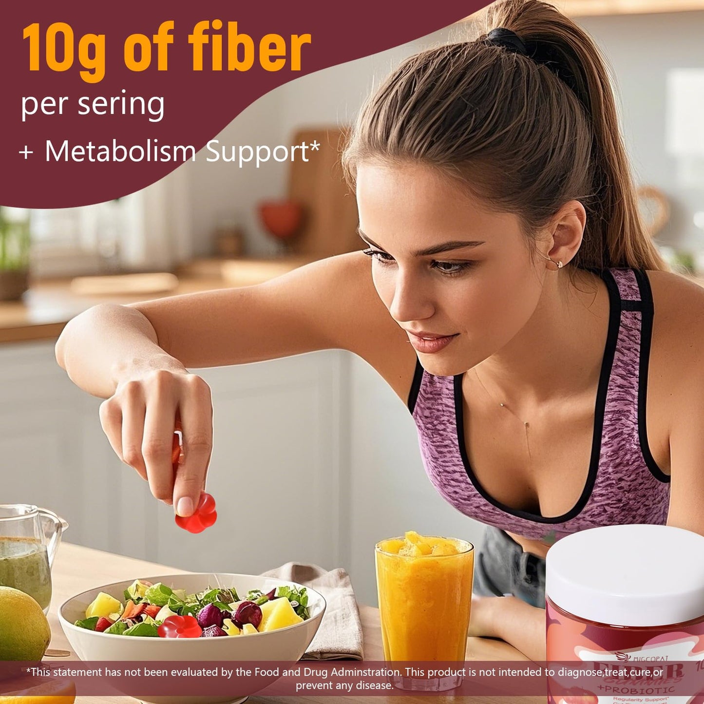 Migcopat Fiber Gummies with Probiotics,10G Fiber per Serving No Sugar Added Apple Flavor, with 10 Billion CFU Probiotics Blend, Apple Cider Vinegar, - Maple Wellness Supplements