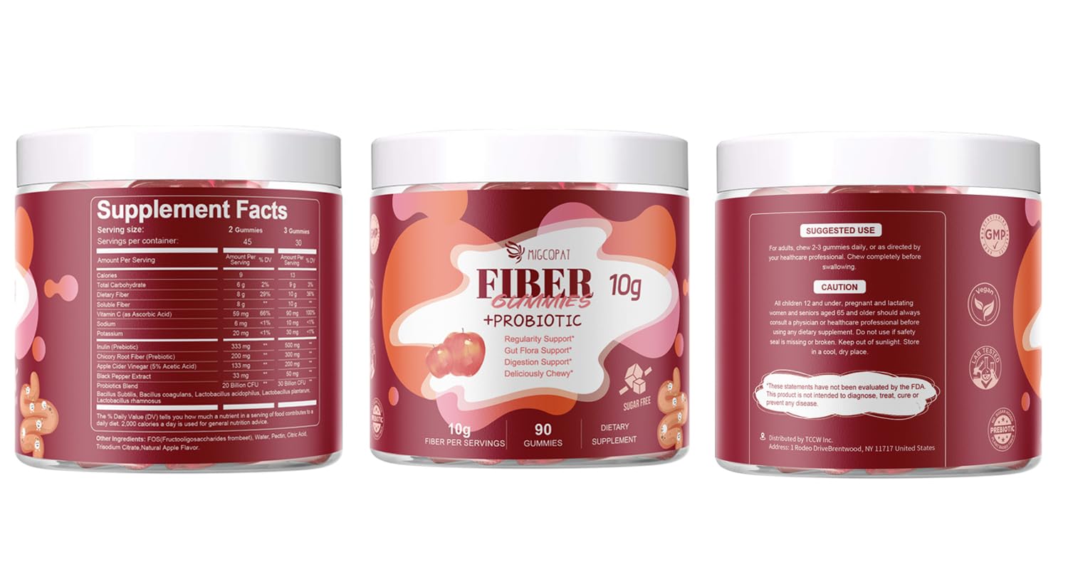 Migcopat Fiber Gummies with Probiotics,10G Fiber per Serving No Sugar Added Apple Flavor, with 10 Billion CFU Probiotics Blend, Apple Cider Vinegar, - Maple Wellness Supplements