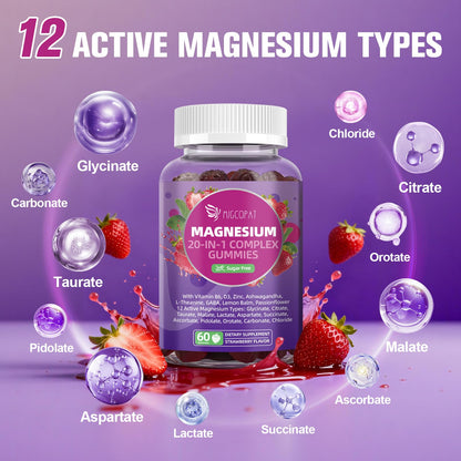 Migcopat Magnesium Complex Gummies, 20 in 1 Magnesium Gummy with Glycinate Citrate Malate Taurate - Ashwagandha, L-Theanine, D3&Zinc for Relaxation, Sleep, Muscle&Heart Support, Strawberry, 60 Cts - Maple Wellness Supplements