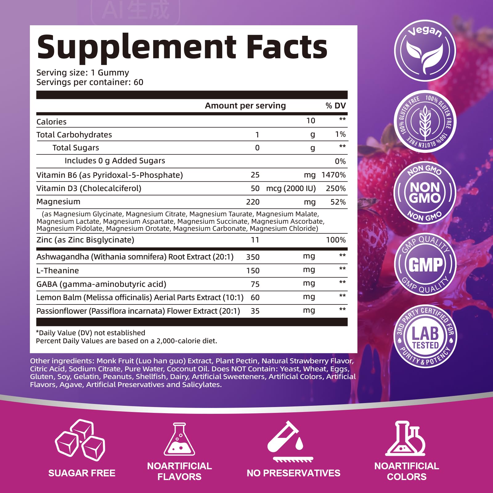Migcopat Magnesium Complex Gummies, 20 in 1 Magnesium Gummy with Glycinate Citrate Malate Taurate - Ashwagandha, L-Theanine, D3&Zinc for Relaxation, Sleep, Muscle&Heart Support, Strawberry, 60 Cts - Maple Wellness Supplements