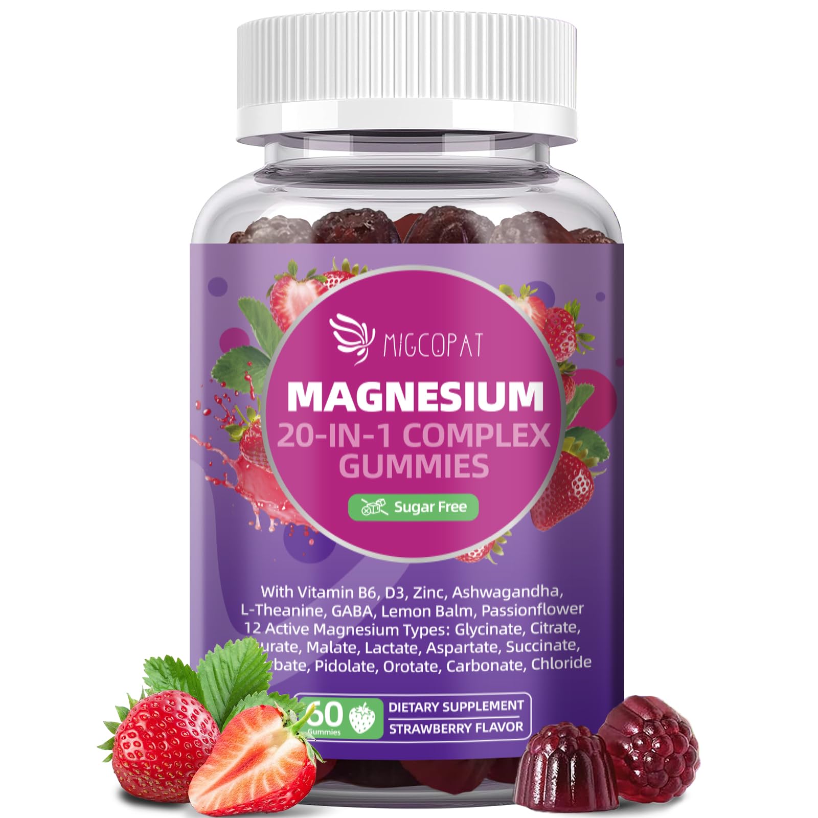 Migcopat Magnesium Complex Gummies, 20 in 1 Magnesium Gummy with Glycinate Citrate Malate Taurate - Ashwagandha, L-Theanine, D3&Zinc for Relaxation, Sleep, Muscle&Heart Support, Strawberry, 60 Cts - Maple Wellness Supplements