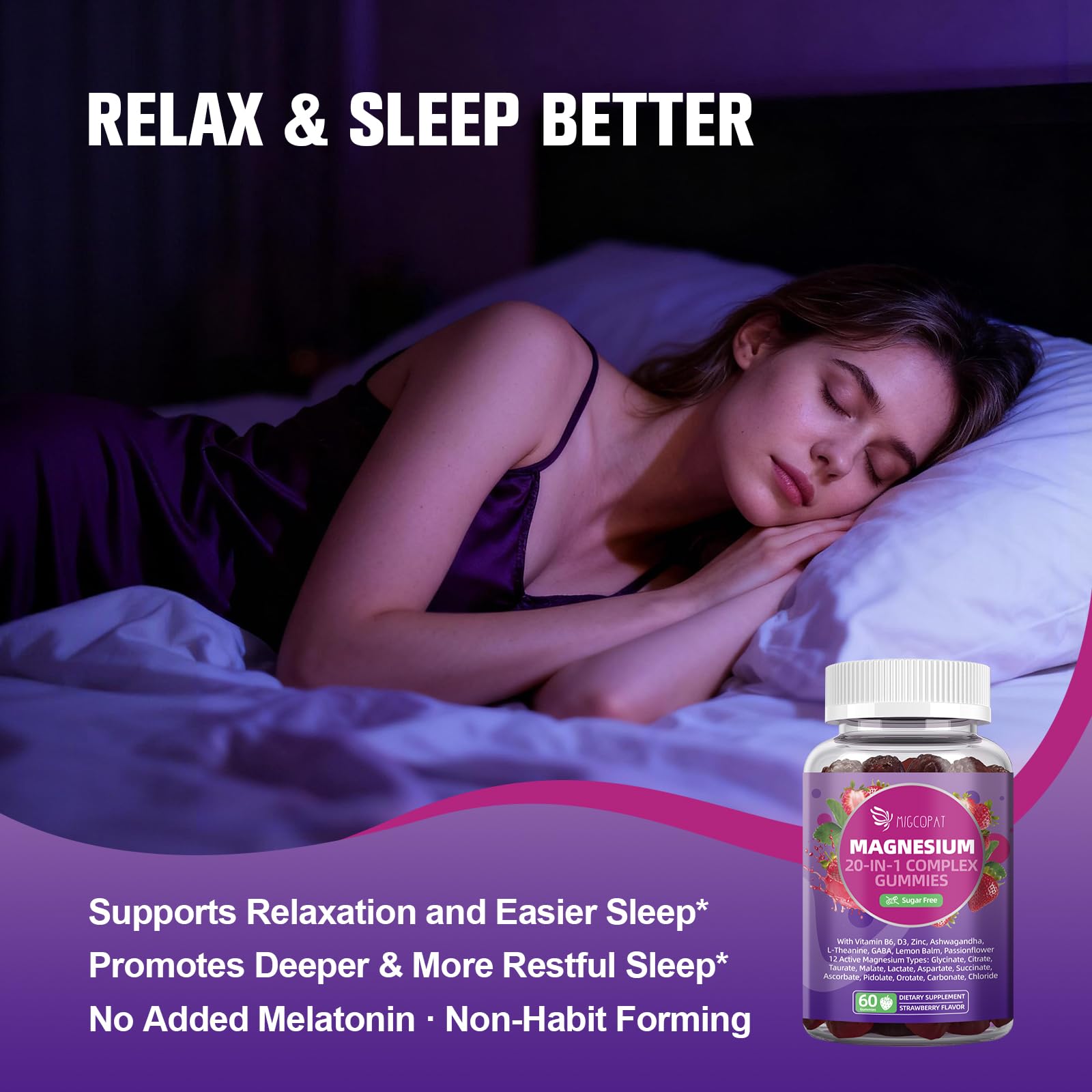 Migcopat Magnesium Complex Gummies, 20 in 1 Magnesium Gummy with Glycinate Citrate Malate Taurate - Ashwagandha, L-Theanine, D3&Zinc for Relaxation, Sleep, Muscle&Heart Support, Strawberry, 60 Cts - Maple Wellness Supplements