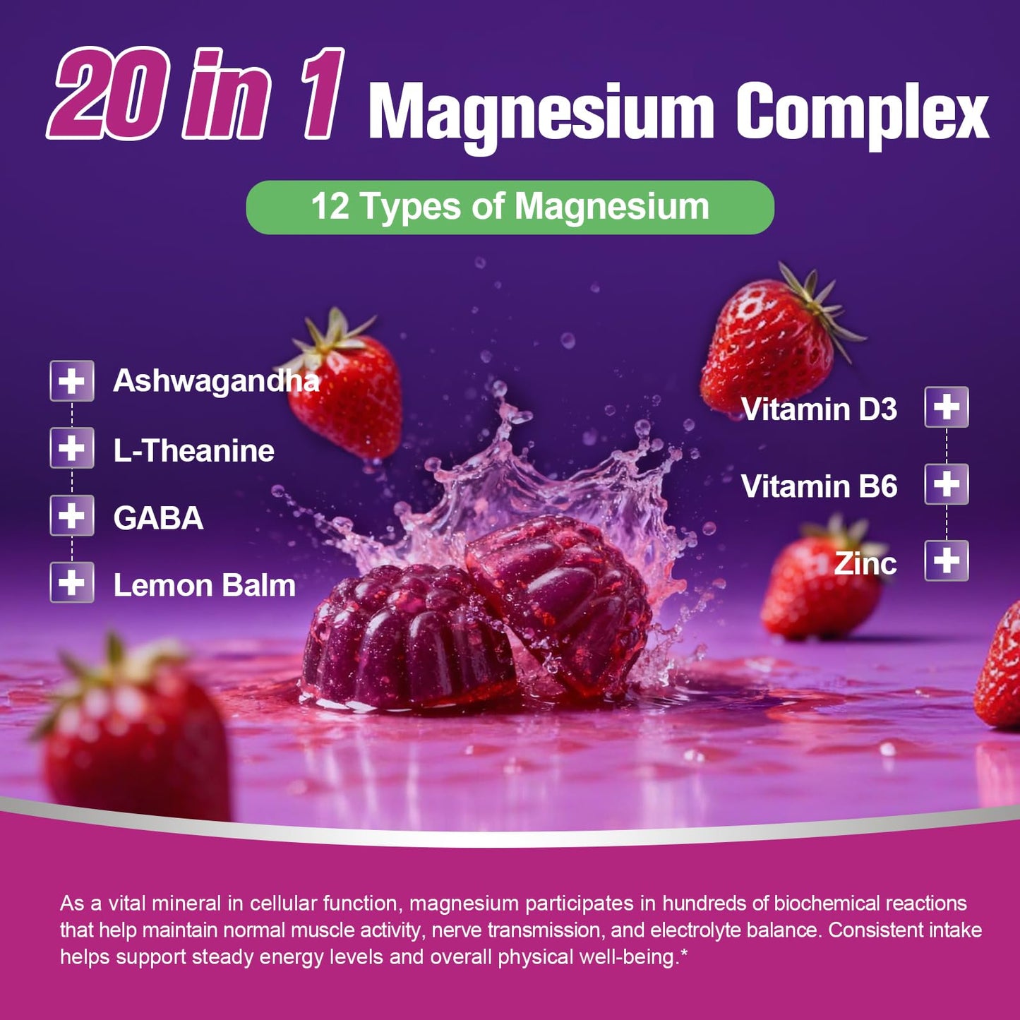 Migcopat Magnesium Complex Gummies, 20 in 1 Magnesium Gummy with Glycinate Citrate Malate Taurate - Ashwagandha, L-Theanine, D3&Zinc for Relaxation, Sleep, Muscle&Heart Support, Strawberry, 60 Cts - Maple Wellness Supplements