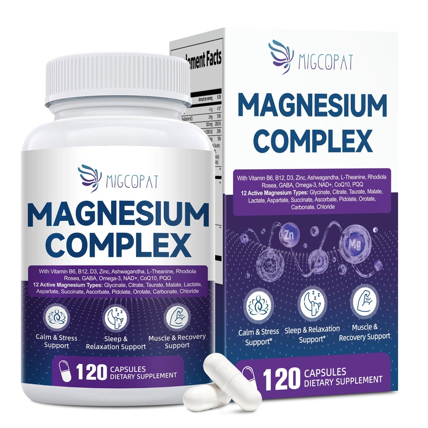 Migcopat Magnesium Complex w/Magnesium Glycinate, Malate, Citrate | 24-in-1 Magnesium Supplement w/Ashwagandha, L-Theanine & NAD+ | Supports Calm, Energy, Muscle & Sleep | Non-GMO, 120 Vegan Caps - Maple Wellness Supplements