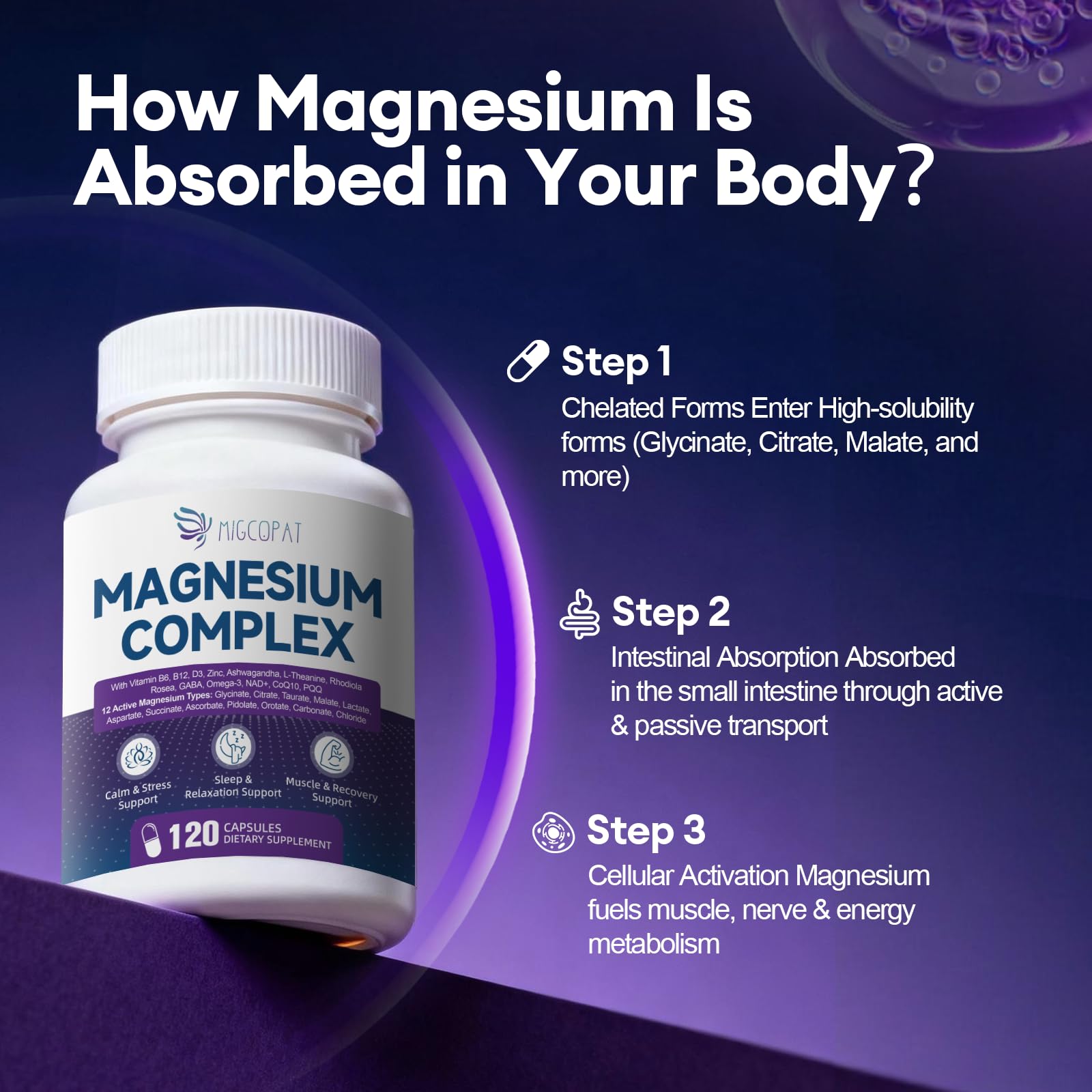Migcopat Magnesium Complex w/Magnesium Glycinate, Malate, Citrate | 24-in-1 Magnesium Supplement w/Ashwagandha, L-Theanine & NAD+ | Supports Calm, Energy, Muscle & Sleep | Non-GMO, 120 Vegan Caps - Maple Wellness Supplements