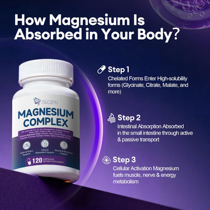 Migcopat Magnesium Complex w/Magnesium Glycinate, Malate, Citrate | 24-in-1 Magnesium Supplement w/Ashwagandha, L-Theanine & NAD+ | Supports Calm, Energy, Muscle & Sleep | Non-GMO, 120 Vegan Caps - Maple Wellness Supplements