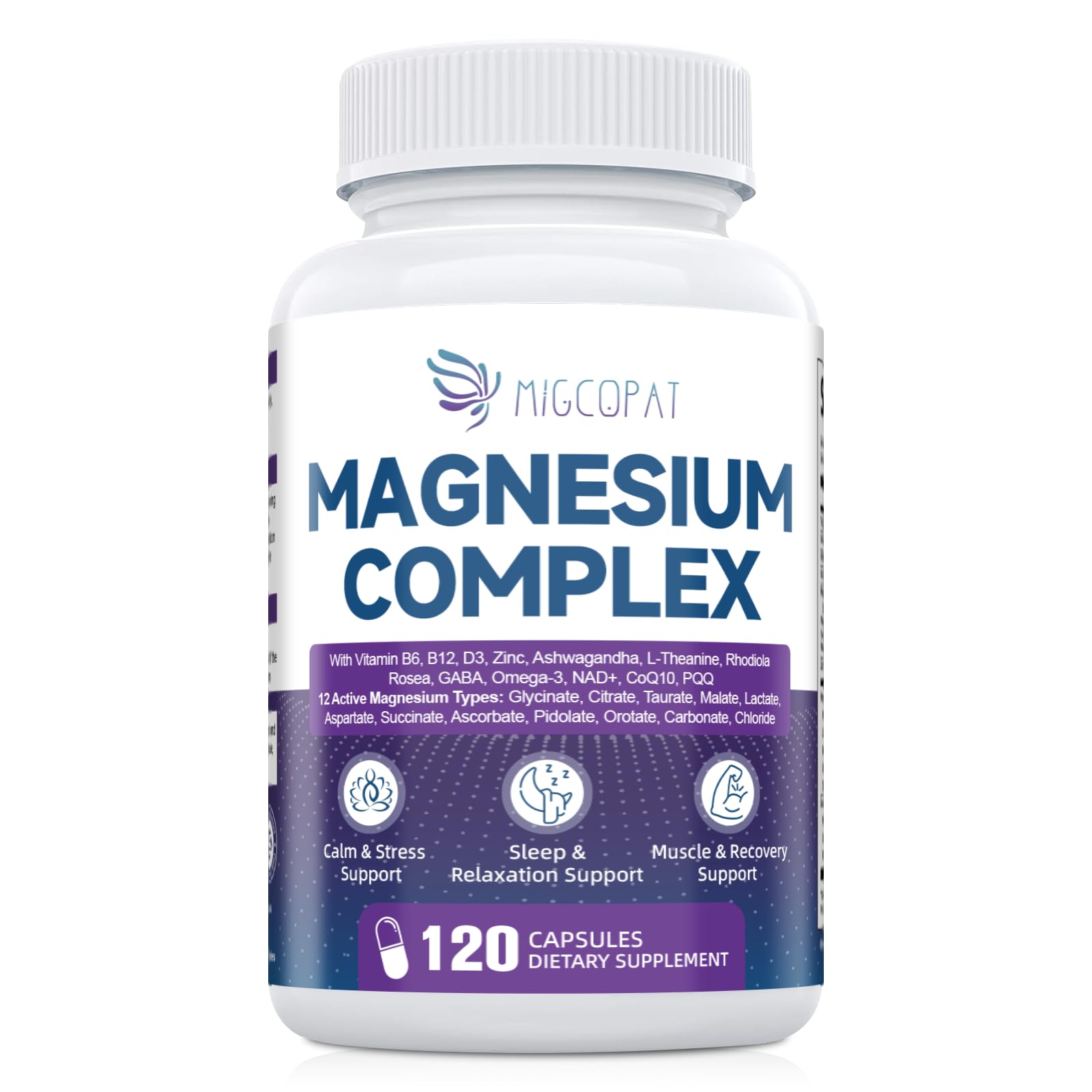Migcopat Magnesium Complex w/Magnesium Glycinate, Malate, Citrate | 24-in-1 Magnesium Supplement w/Ashwagandha, L-Theanine & NAD+ | Supports Calm, Energy, Muscle & Sleep | Non-GMO, 120 Vegan Caps - Maple Wellness Supplements