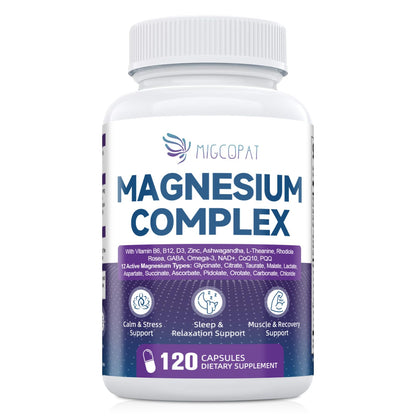 Migcopat Magnesium Complex w/Magnesium Glycinate, Malate, Citrate | 24-in-1 Magnesium Supplement w/Ashwagandha, L-Theanine & NAD+ | Supports Calm, Energy, Muscle & Sleep | Non-GMO, 120 Vegan Caps - Maple Wellness Supplements