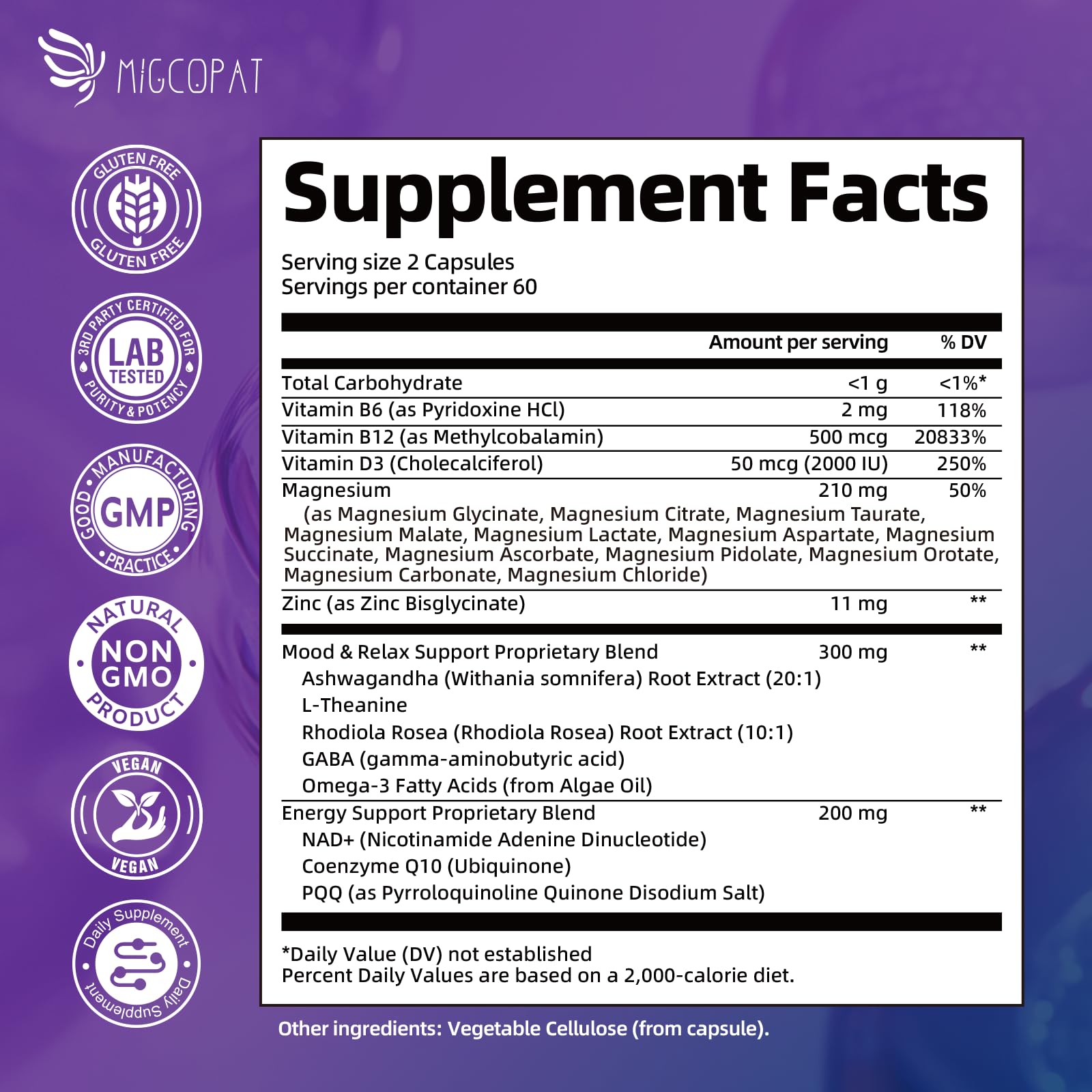 Migcopat Magnesium Complex w/Magnesium Glycinate, Malate, Citrate | 24-in-1 Magnesium Supplement w/Ashwagandha, L-Theanine & NAD+ | Supports Calm, Energy, Muscle & Sleep | Non-GMO, 120 Vegan Caps - Maple Wellness Supplements