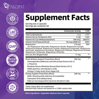 Migcopat Magnesium Complex w/Magnesium Glycinate, Malate, Citrate | 24-in-1 Magnesium Supplement w/Ashwagandha, L-Theanine & NAD+ | Supports Calm, Energy, Muscle & Sleep | Non-GMO, 120 Vegan Caps - Maple Wellness Supplements