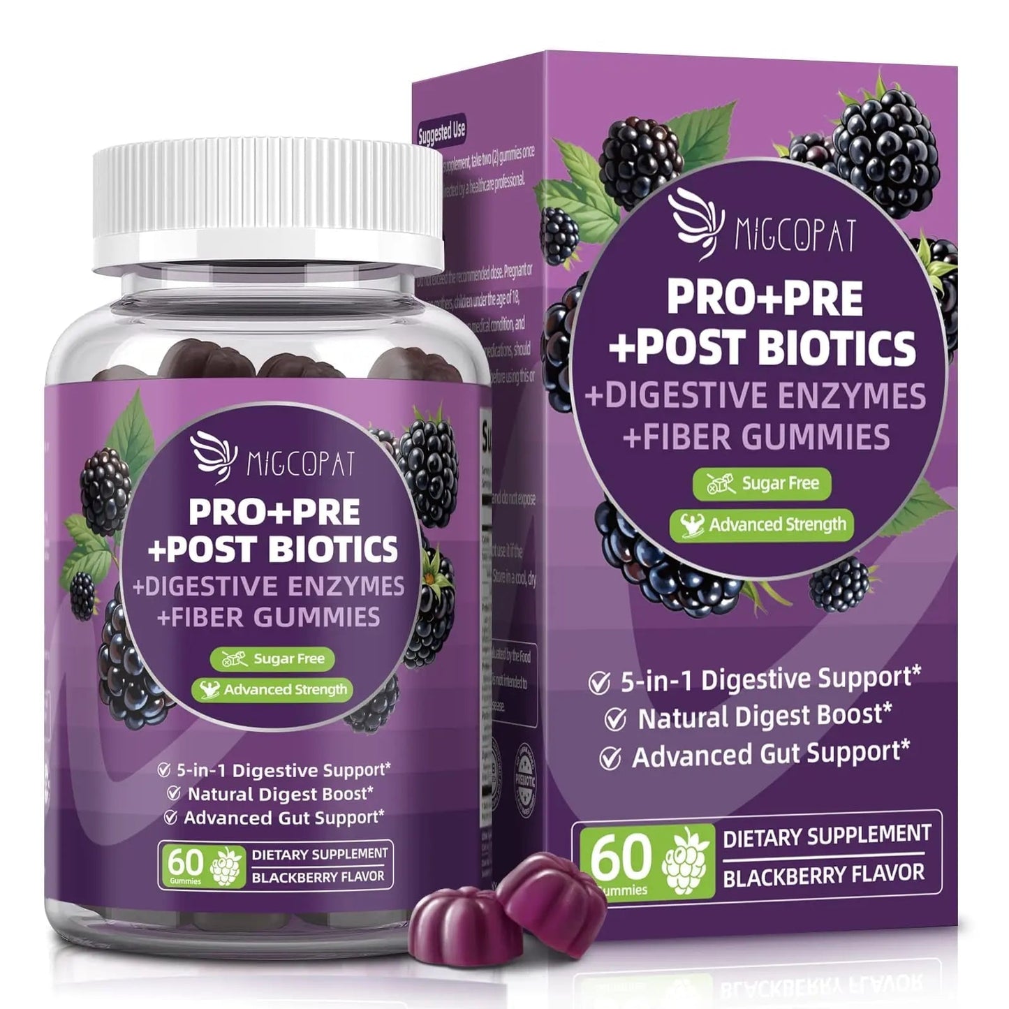 Migcopat Pre Post Probiotics Gummies, 5 in 1 Probiotic Prebiotic Postbiotic Digestive Enzymes with Fiber, 120 Billion CFU Probiotics Complete Gut Support, Sugar Free, Vegan, BlackBerry Flavor, 60 Cts - Maple Wellness Supplements