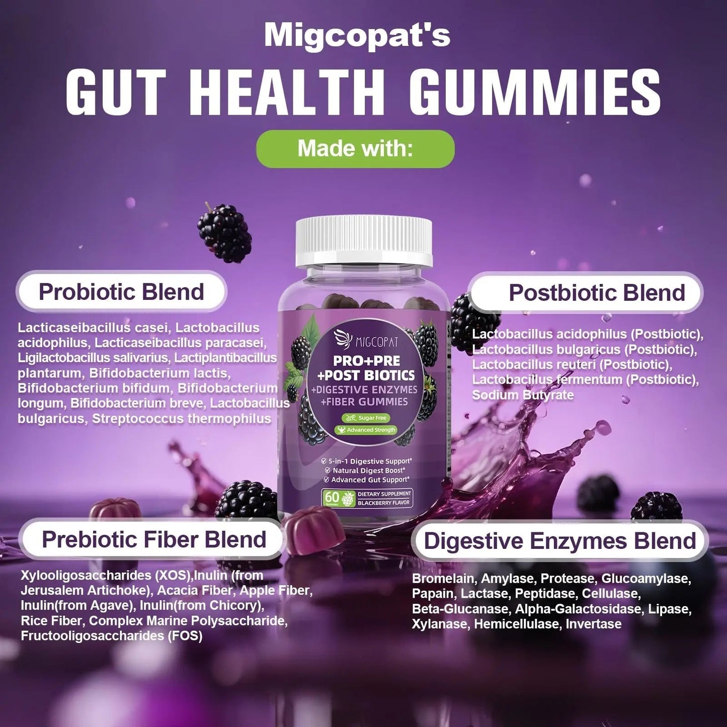 Migcopat Pre Post Probiotics Gummies, 5 in 1 Probiotic Prebiotic Postbiotic Digestive Enzymes with Fiber, 120 Billion CFU Probiotics Complete Gut Support, Sugar Free, Vegan, BlackBerry Flavor, 60 Cts - Maple Wellness Supplements
