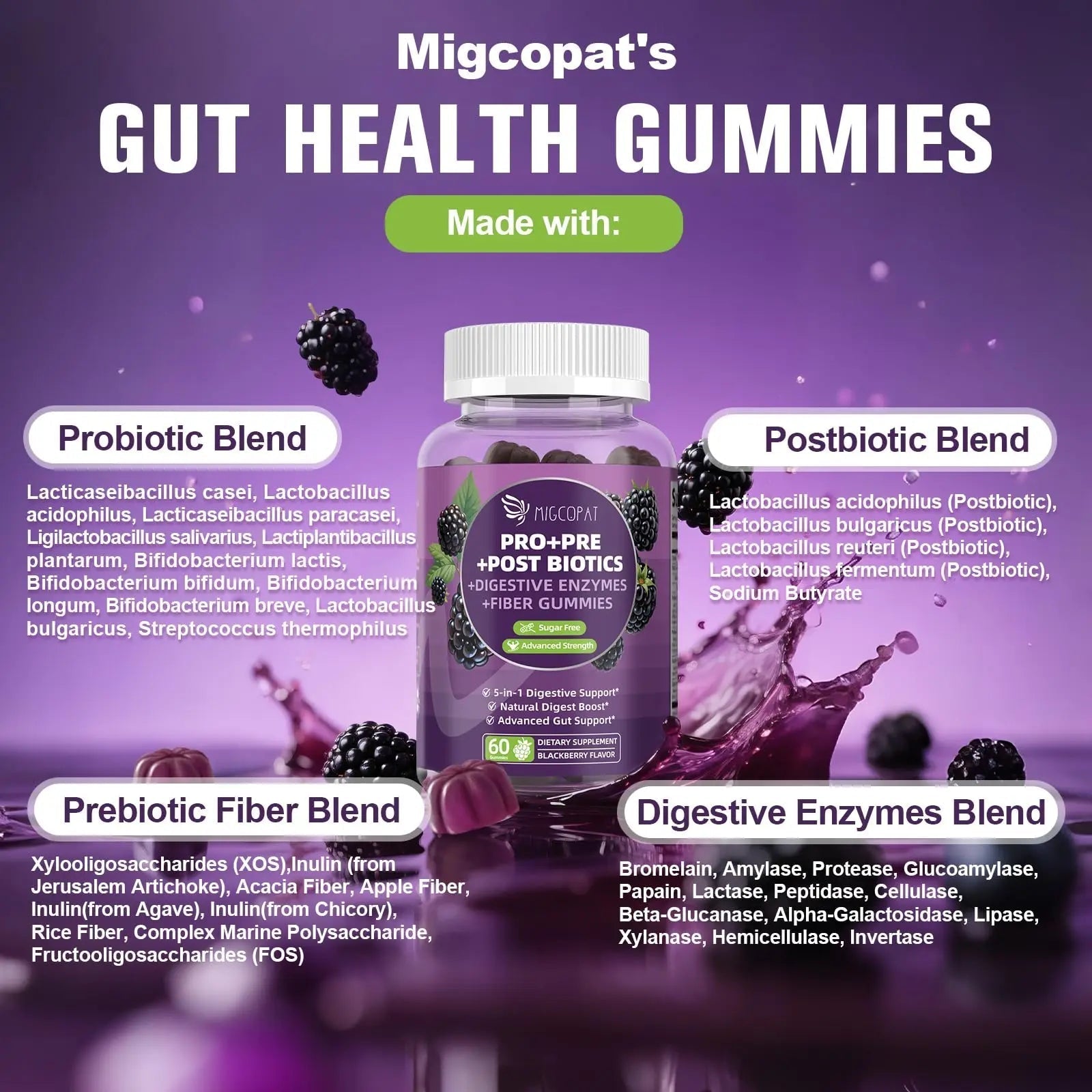 Migcopat Pre Post Probiotics Gummies, 5 in 1 Probiotic Prebiotic Postbiotic Digestive Enzymes with Fiber, 120 Billion CFU Probiotics Complete Gut Support, Sugar Free, Vegan, BlackBerry Flavor, 60 Cts - Maple Wellness Supplements