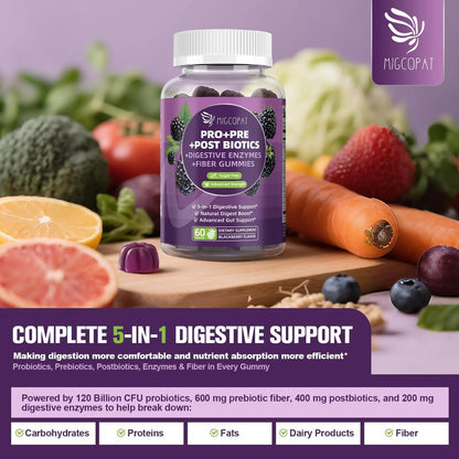 Migcopat Pre Post Probiotics Gummies, 5 in 1 Probiotic Prebiotic Postbiotic Digestive Enzymes with Fiber, 120 Billion CFU Probiotics Complete Gut Support, Sugar Free, Vegan, BlackBerry Flavor, 60 Cts - Maple Wellness Supplements