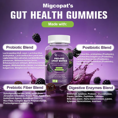 Migcopat Pre Post Probiotics Gummies, Probiotic Prebiotic Postbiotic Digestive Enzymes with Fiber, 120 Billion CFU Probiotics Complete Gut Support, Sugar Free - Maple Wellness Supplements