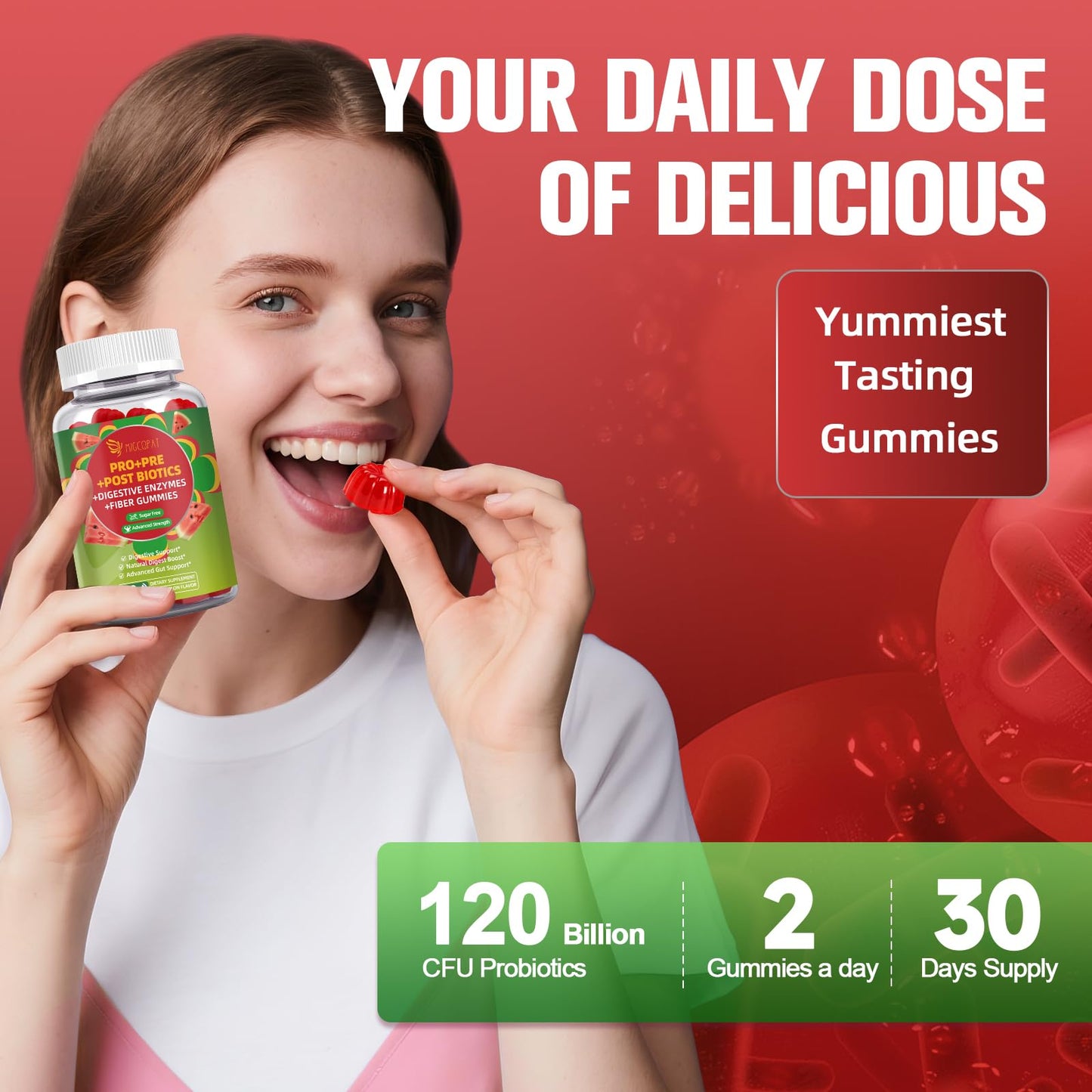 Migcopat Pre Post Probiotics Gummies, Probiotic Prebiotic Postbiotic Digestive Enzymes with Fiber, 120 Billion CFU Probiotics - Digestive Health - Maple Wellness Supplements