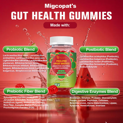 Migcopat Pre Post Probiotics Gummies, Probiotic Prebiotic Postbiotic Digestive Enzymes with Fiber, 120 Billion CFU Probiotics - Digestive Health - Maple Wellness Supplements
