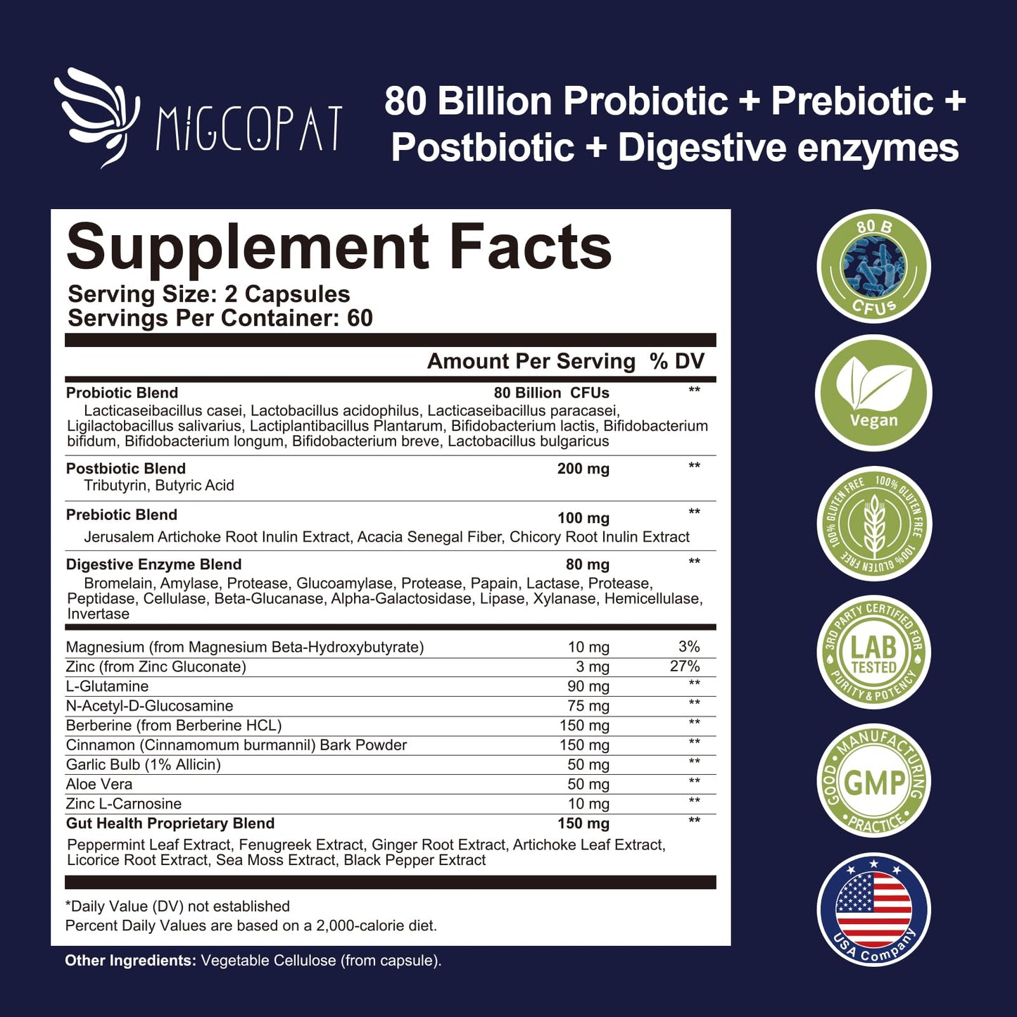 Migcopat Probiotics for Digestive Health, 80 Billion CFU Probiotics, Prebiotics, Postbiotics & Digestive Enzymes, Gut Health Capsules with Berberine, Cinnamon, - Maple Wellness Supplements