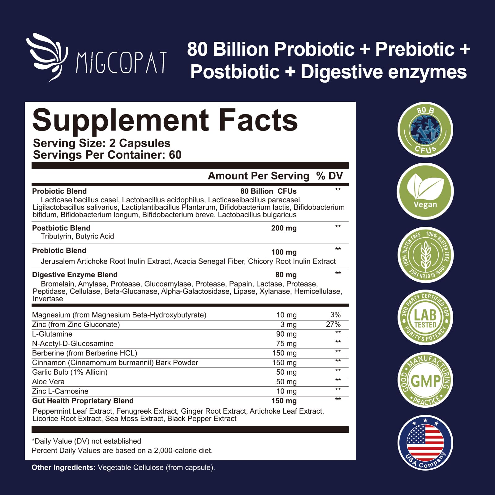 Migcopat Probiotics for Digestive Health, 80 Billion CFU Probiotics, Prebiotics, Postbiotics & Digestive Enzymes, Gut Health Capsules with Berberine, Cinnamon, - Maple Wellness Supplements