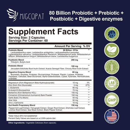 Migcopat Probiotics for Digestive Health, 80 Billion CFU Probiotics, Prebiotics, Postbiotics & Digestive Enzymes, Gut Health Capsules with Berberine, Cinnamon, - Maple Wellness Supplements