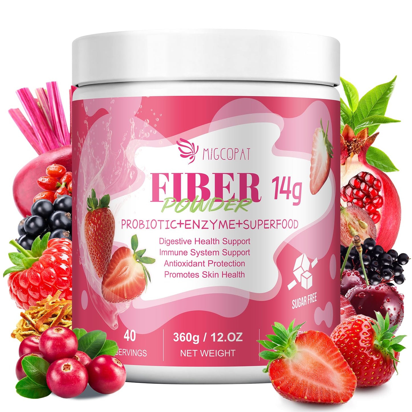 Migcopat Superfood Fiber Powder with Probiotics, Prebiotics, Digestive Enzymes, Vitamin C, Inulin, Magnesium, 14G Fiber Supplement for Digestive Support & Skin Health - Maple Wellness Supplements