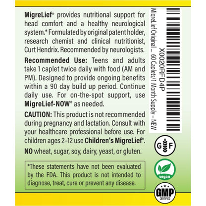 MigreLief Original Triple Therapy with Puracol - Nutritional Support for Migraine Sufferers - 60 Caplets/1 Month Supply - Maple Wellness Supplements
