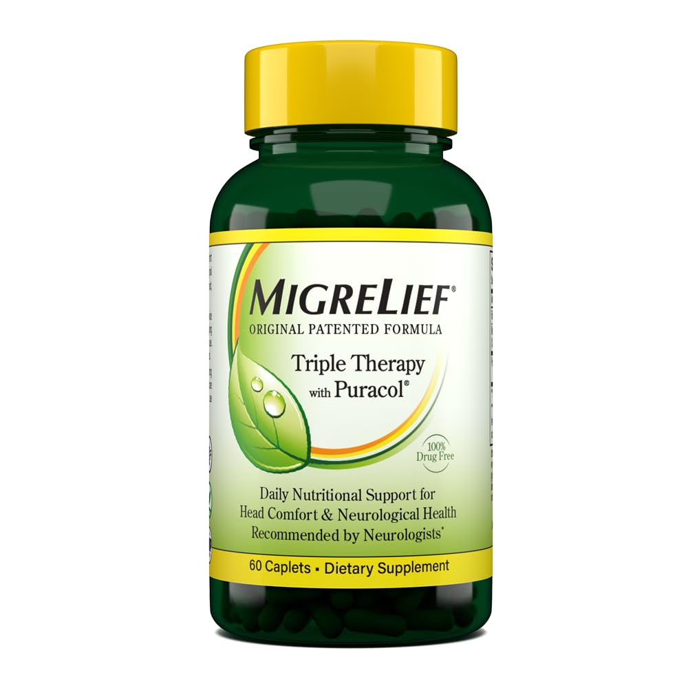MigreLief Original Triple Therapy with Puracol - Nutritional Support for Migraine Sufferers - 60 Caplets/1 Month Supply - Maple Wellness Supplements