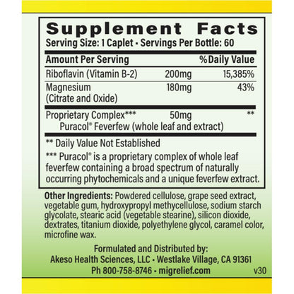 MigreLief Original Triple Therapy with Puracol - Nutritional Support for Migraine Sufferers - 60 Caplets/1 Month Supply - Maple Wellness Supplements