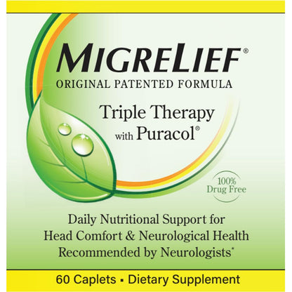 MigreLief Original Triple Therapy with Puracol - Nutritional Support for Migraine Sufferers - 60 Caplets/1 Month Supply - Maple Wellness Supplements